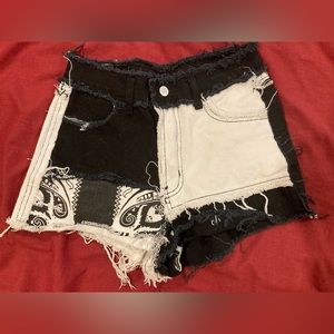 Black and White Distressed Denim Booty Shorts with Paisley Design